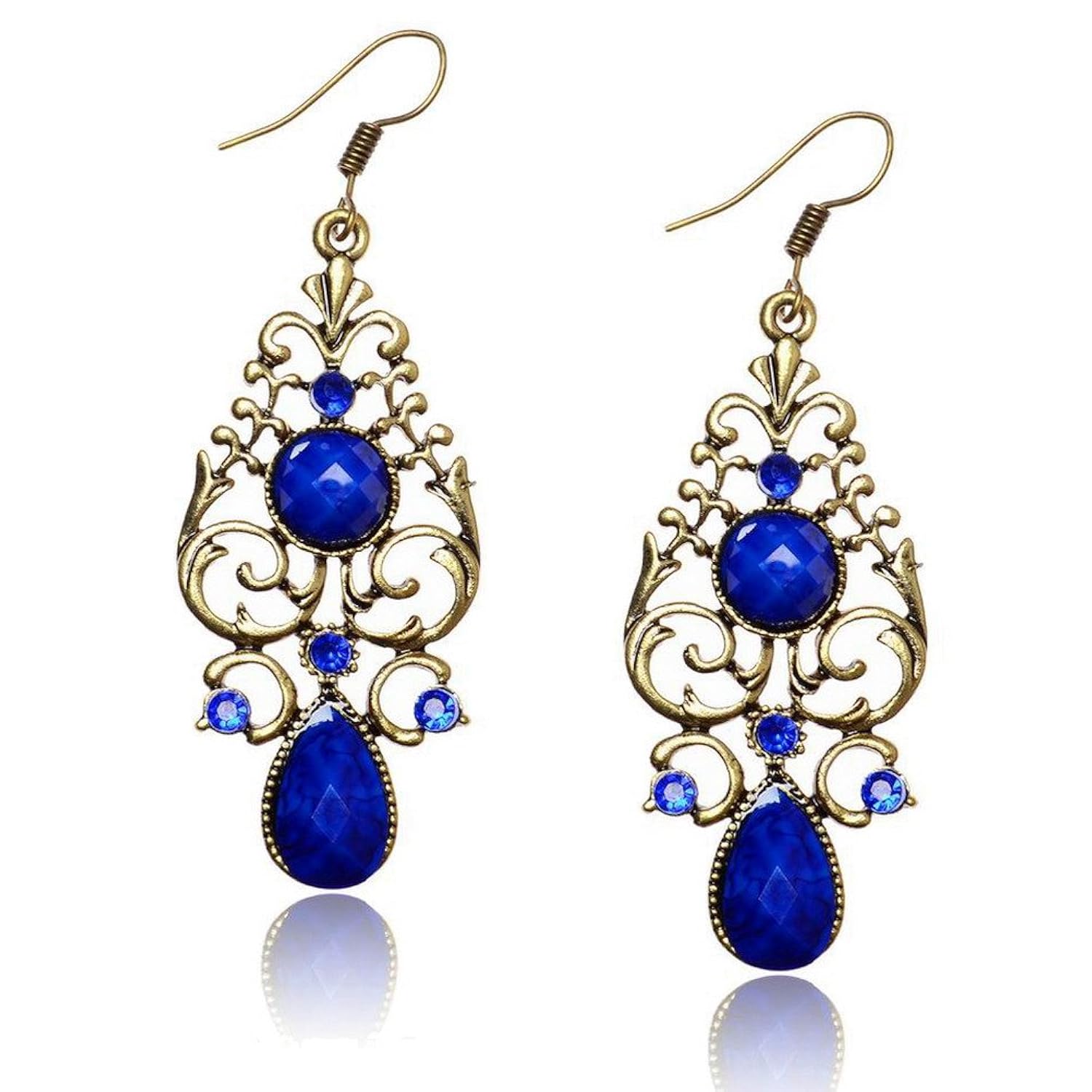 coogain 钩耳环复古花朵泪珠波西米亚孔雀水滴吊坠耳环 蓝色